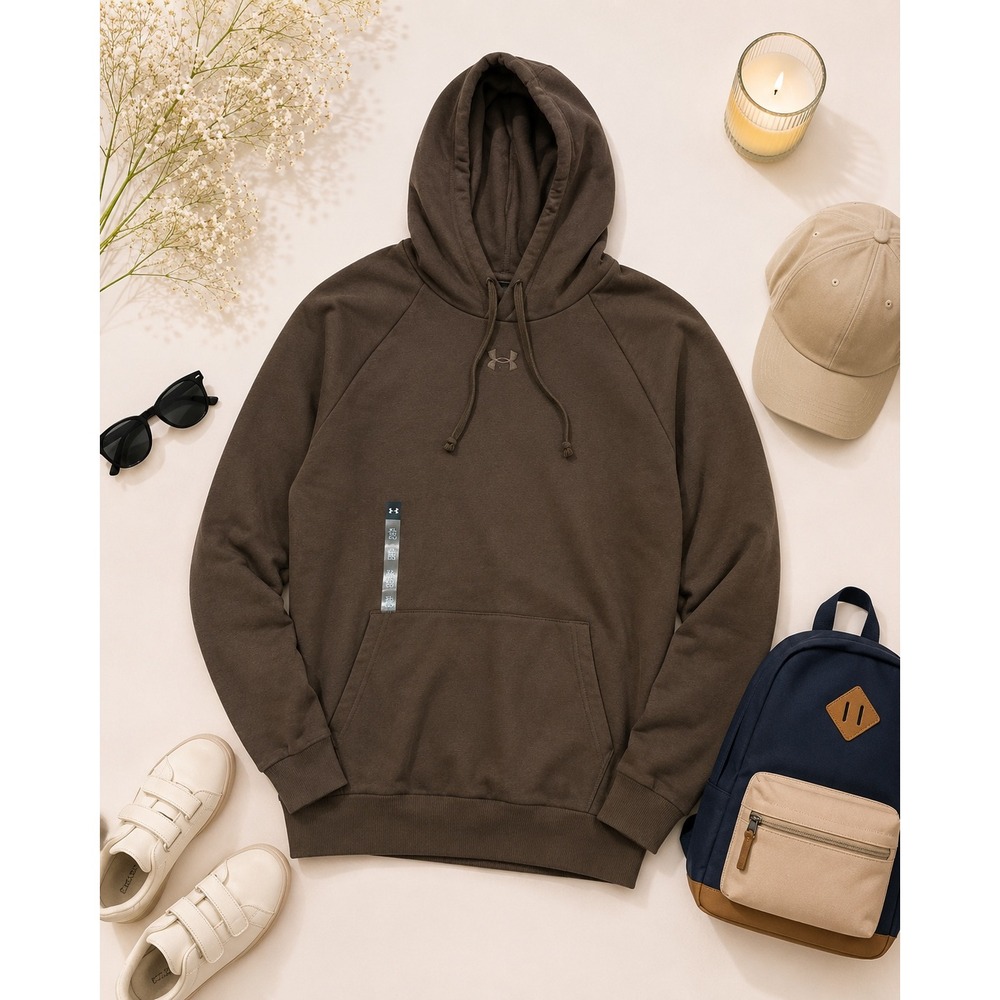Under Armour Mens Rival Fleece Hoodie Brown Loose Fit Pullover 2XL 1379757 NEW
